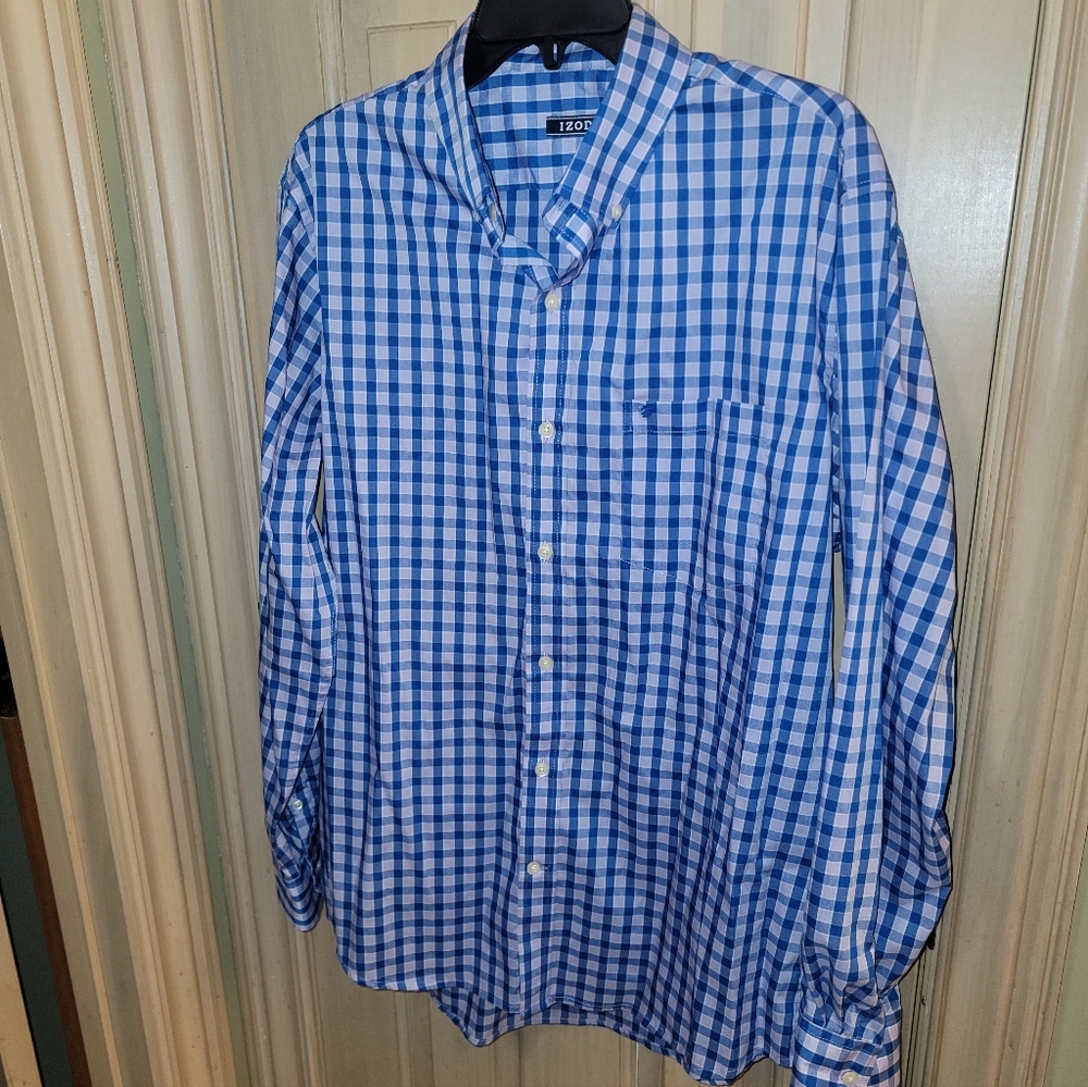 Mens Sz L Izod Long Sleeve Button Tab Collar Blue Lilac Plaid Shirt Dadcore